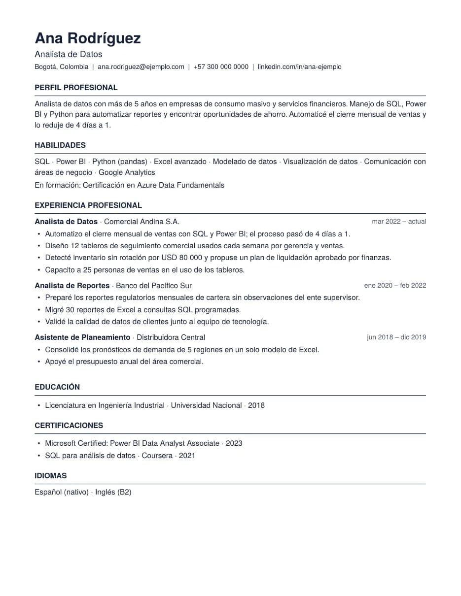 CV de ejemplo con la plantilla ATS puro