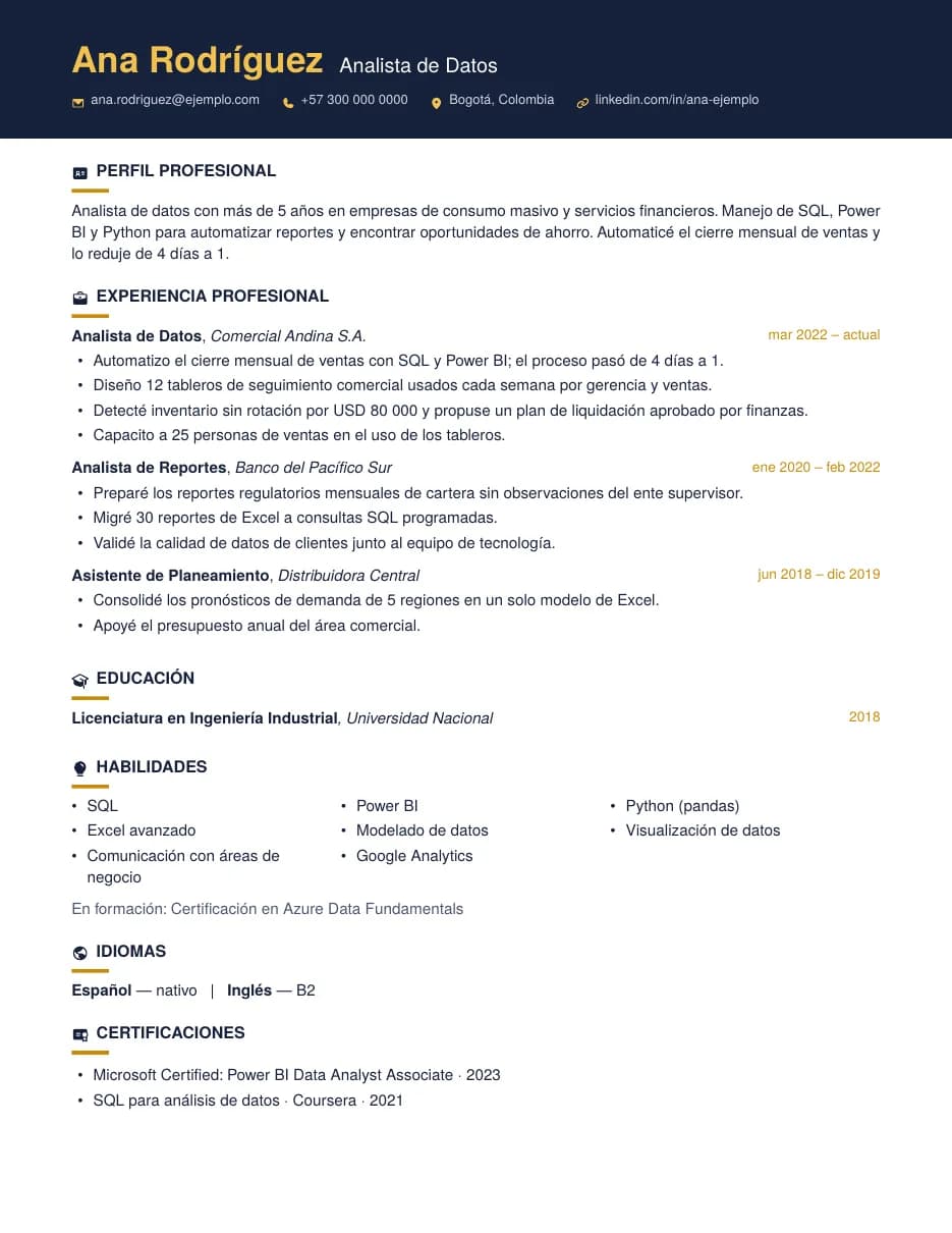 CV de ejemplo con la plantilla Ejecutivo