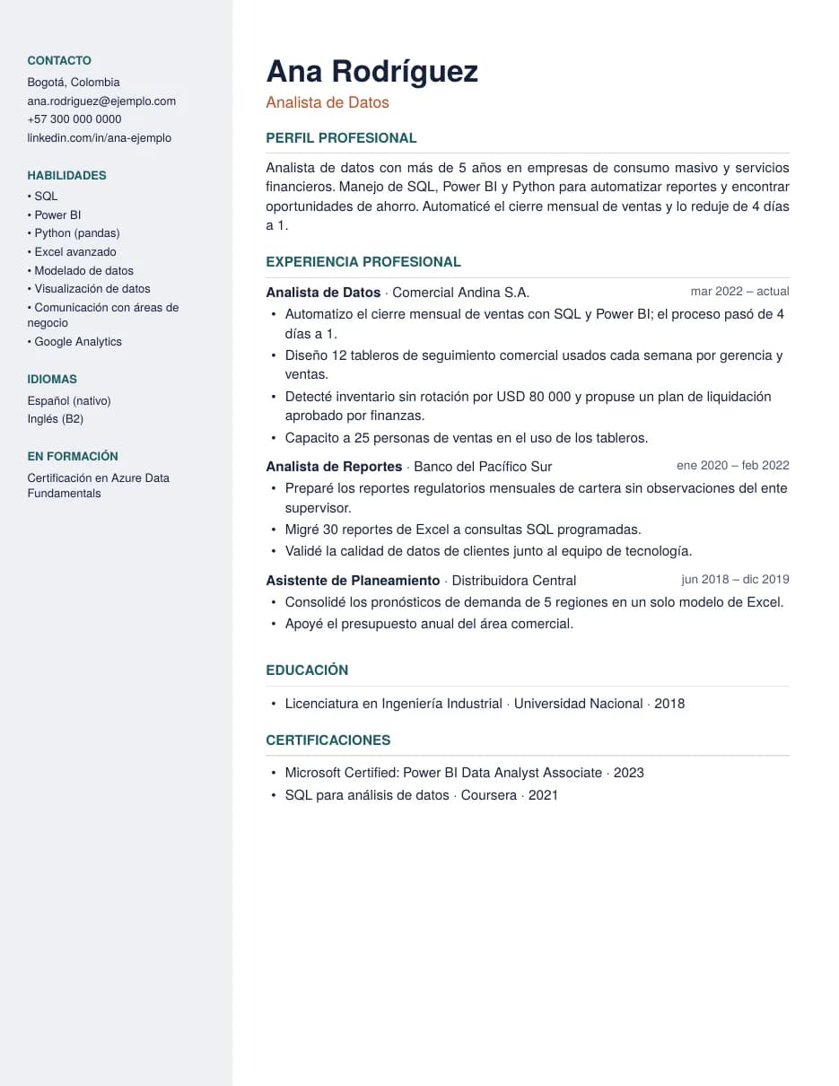 CV de ejemplo con la plantilla Lateral